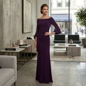 Lauren Ralph Lauren NEW Deep Plum 3/4 Bell sleeve Ruched Evening Maxi Dress 6
